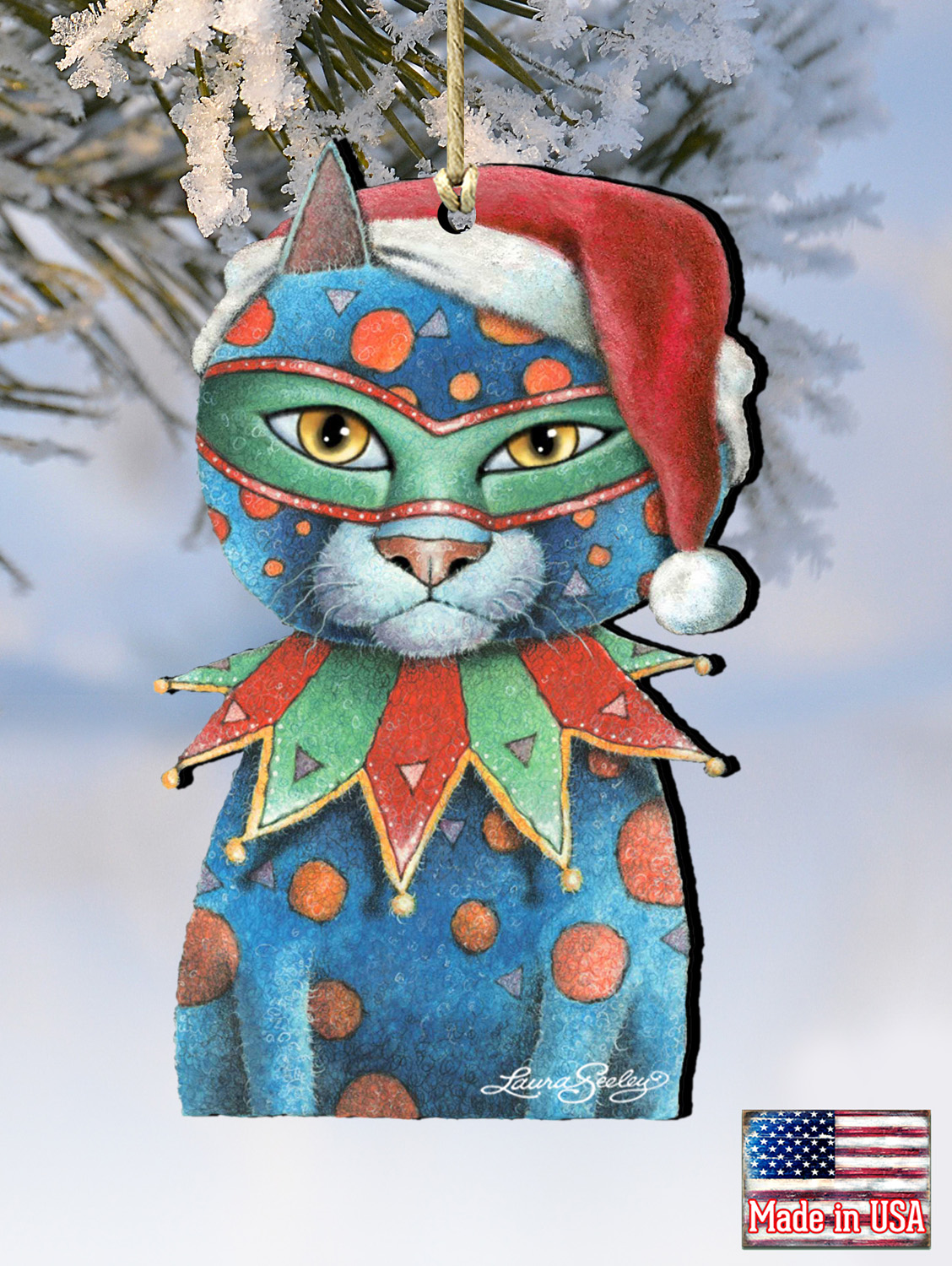 Ornaments - Mardi Gras Blue Santa Cat - Art and Gifts